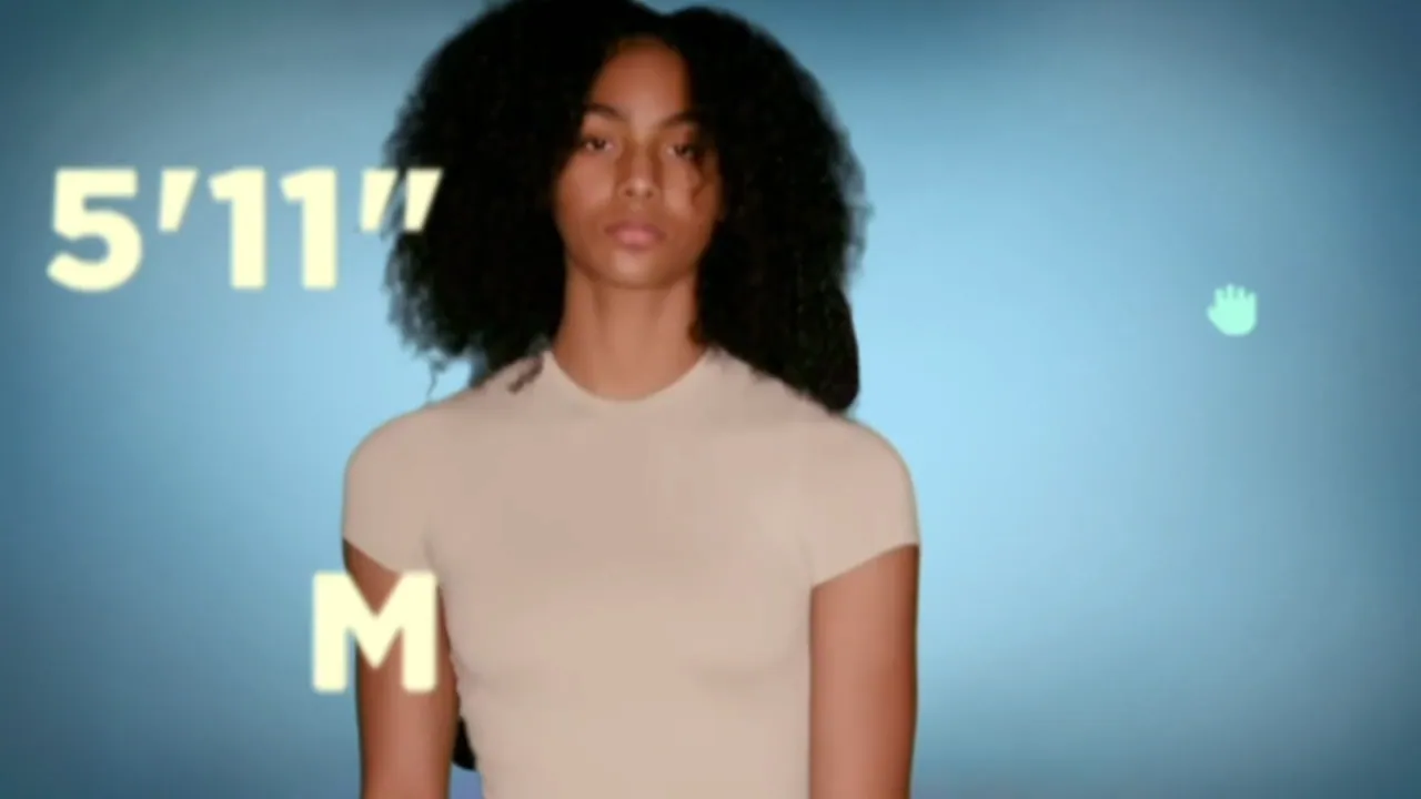 Celebrity commerce R&D: a model on a pale blue backdrop with her height and size overlaid in large type, from the animated try-on interface.