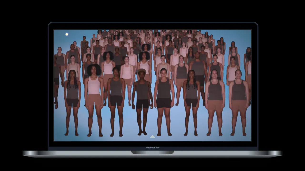 Celebrity commerce R&D: laptop showing a grid of dozens of animated models in neutral basics, one for every clothing combination.