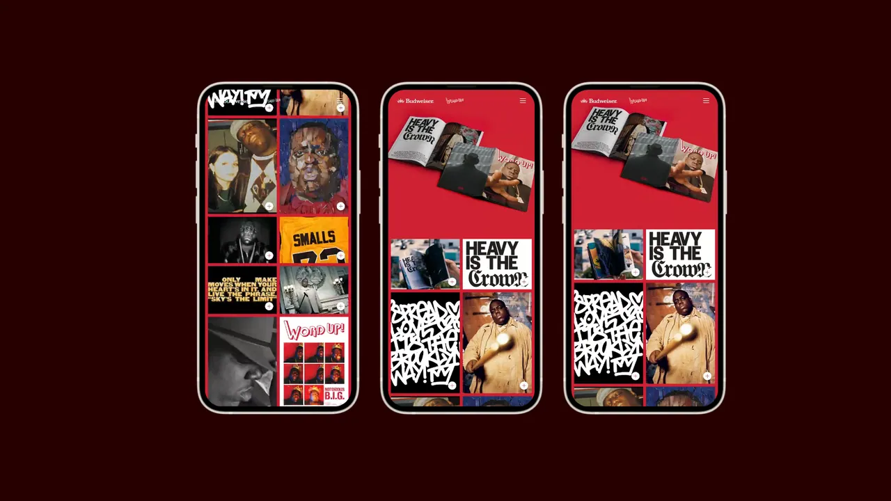 Budweiser × Biggie: three phones showing the mobile campaign site with Biggie photography and collage artwork.