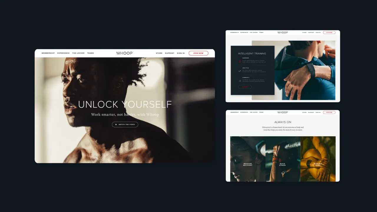 WHOOP: desktop web pages for the “Unlock Yourself” campaign, with athlete photography and product sections.