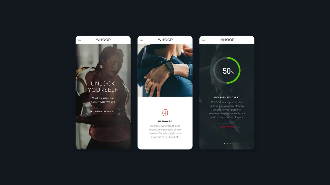 WHOOP: three mobile screens from the “Unlock Yourself” site, including a recovery score dial at 50%.
