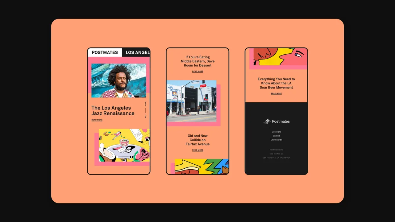 Postmates: three newsletter designs on an orange background, featuring Los Angeles jazz and food stories with bold illustration.