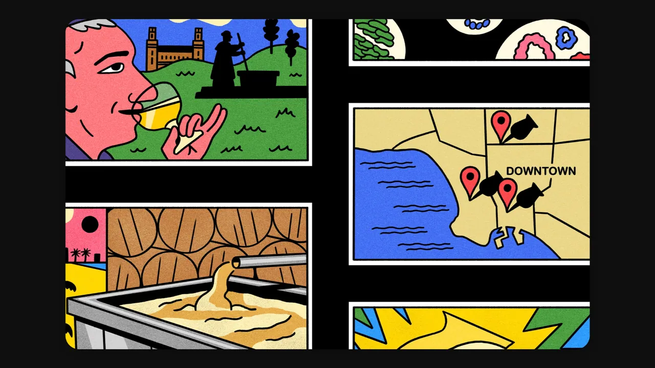 Postmates: colourful newsletter illustrations of city scenes, a map marked “Downtown” and food close-ups.
