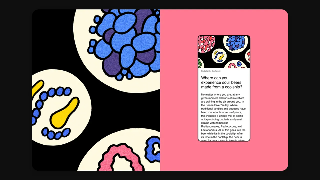 Postmates: bold patterned illustration beside a newsletter screen asking “Where can you experience sour beers made from a coolship?”