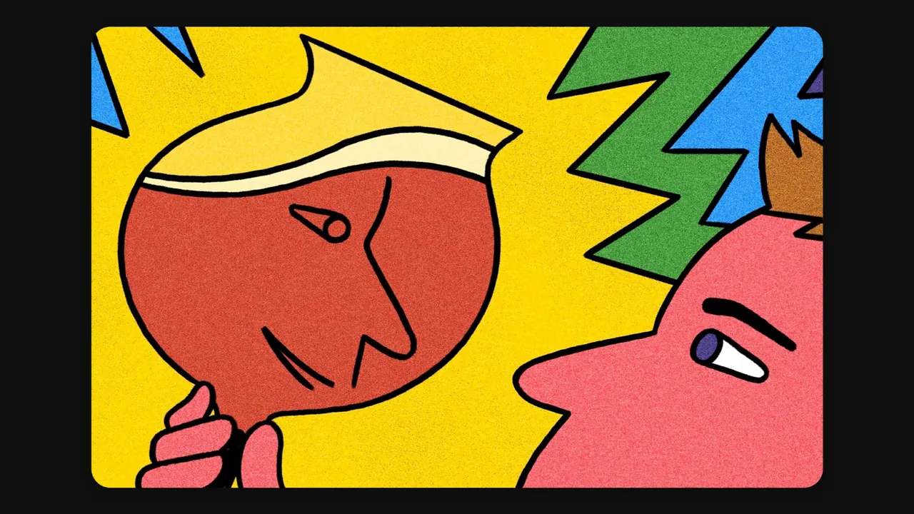 Postmates: close-up of a bold, colourful newsletter illustration of two stylised faces.