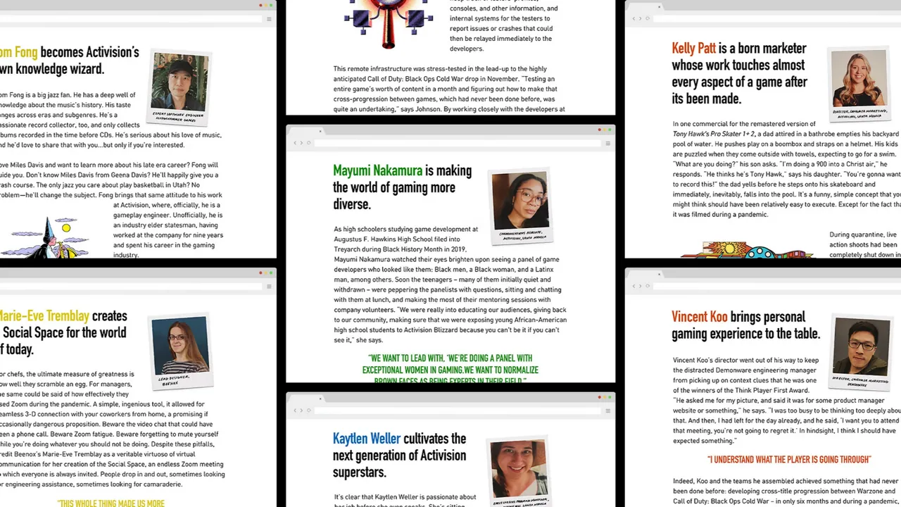 Activision Culture Champions: editorial pages profiling Activision employees, each with a portrait and headline.