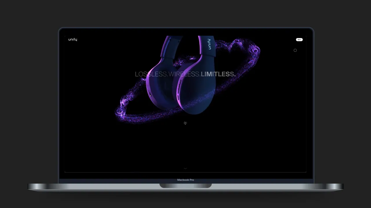 Unity: laptop showing the dark product site for premium headphones, with a glowing purple “Limitless” hero.