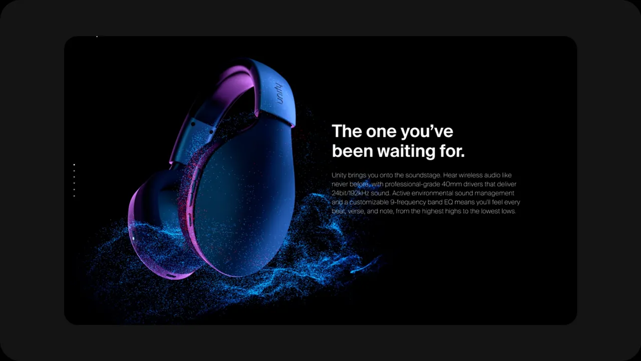 Unity: product page section “The one you’ve been waiting for” with headphones rendered in purple particles.
