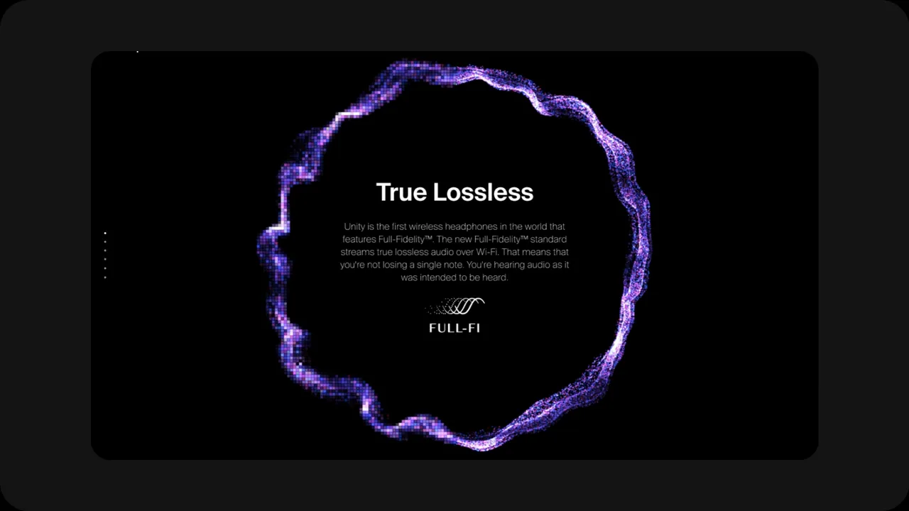 Unity: “True Lossless” section with a ring of purple particles and the Full-Fi logo.