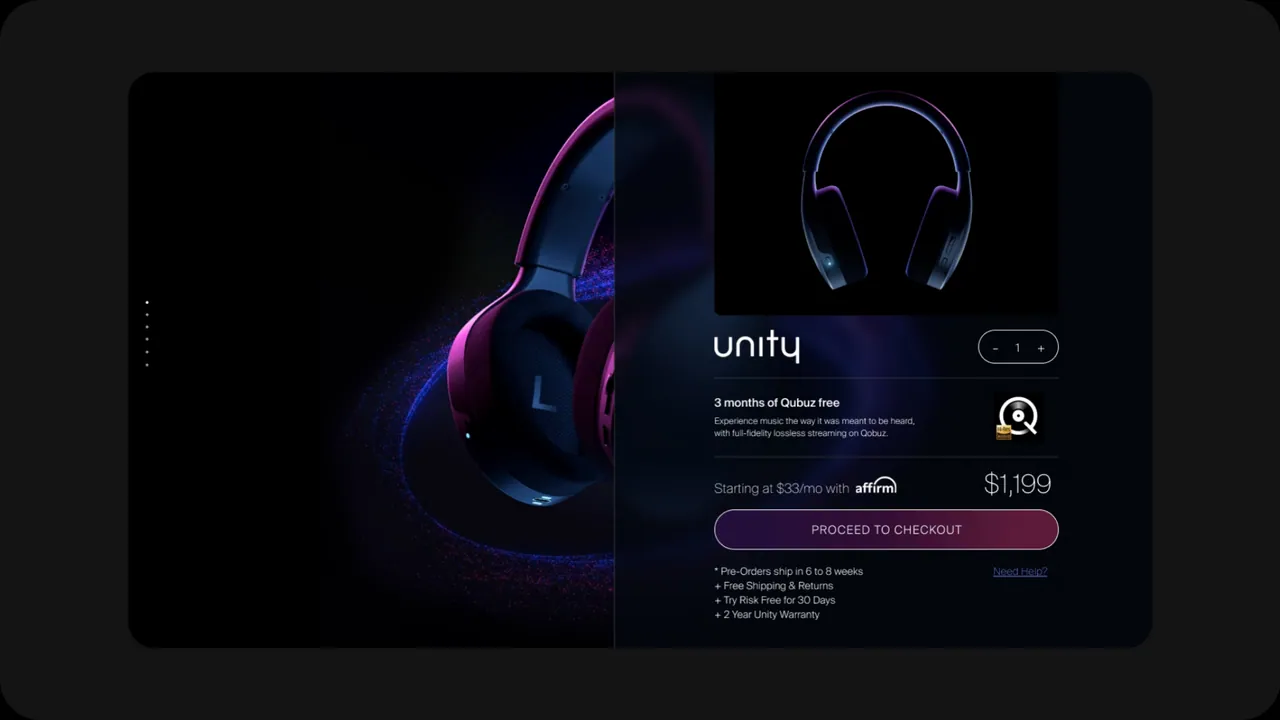 Unity: e-commerce product page with colour options, $1,199 price and a “Proceed to checkout” button.