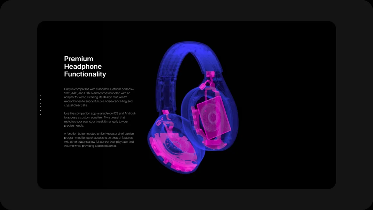 Unity: “Premium Headphone Functionality” section with translucent pink and blue headphones.