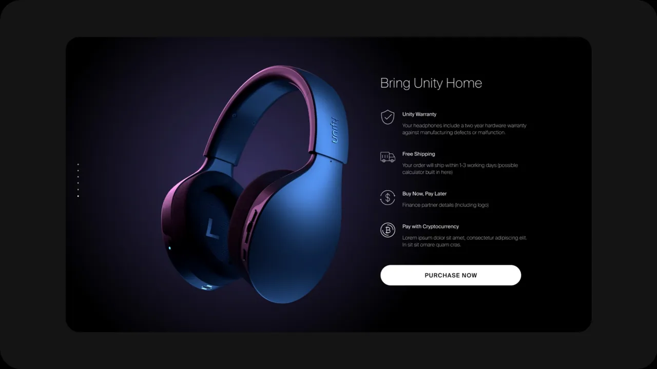 Unity: “Bring Unity Home” section listing warranty, shipping and payment benefits beside blue headphones.