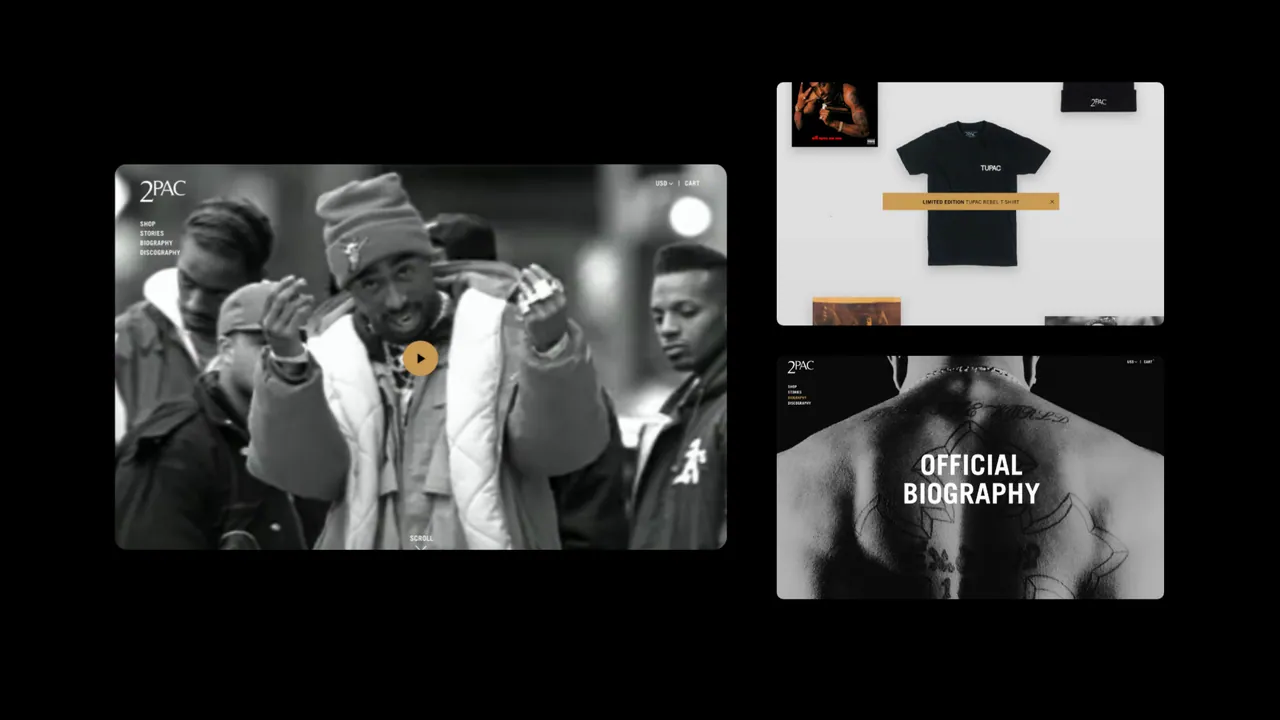 2PAC Legacy: store pages with archival Tupac photography, a black T-shirt and the official biography.