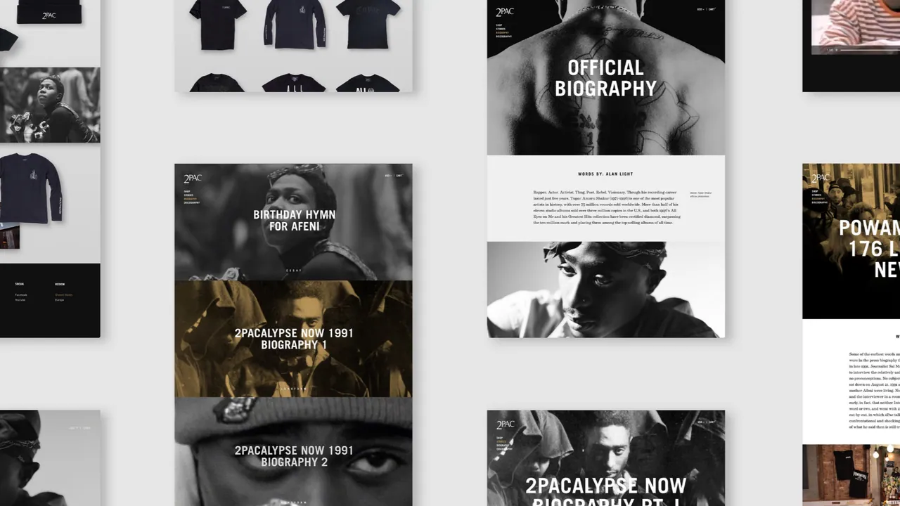 2PAC Legacy: grid of store pages for merchandise and the official “2Pacalypse Now” biography.