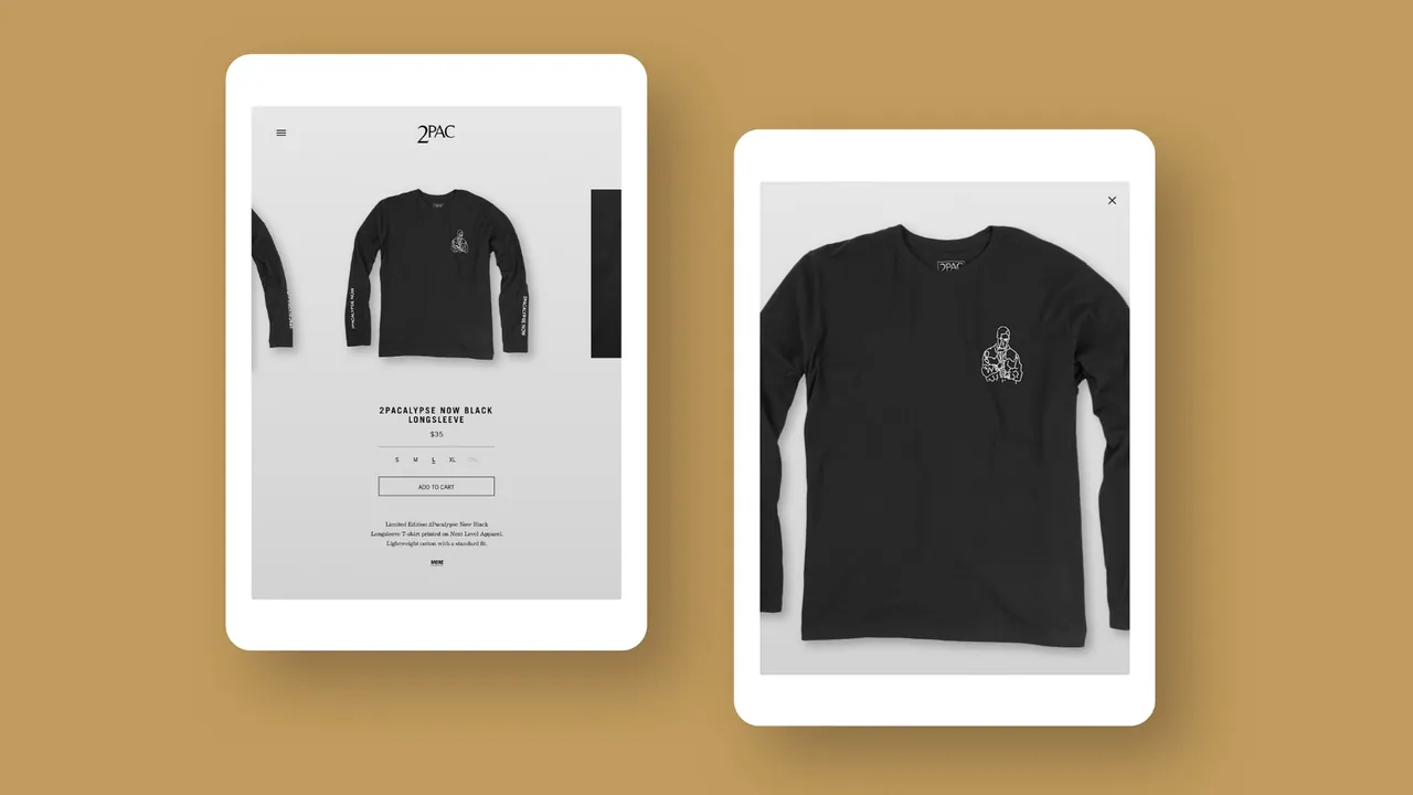 2PAC Legacy: two tablets showing a long-sleeve shirt product page and detail view.