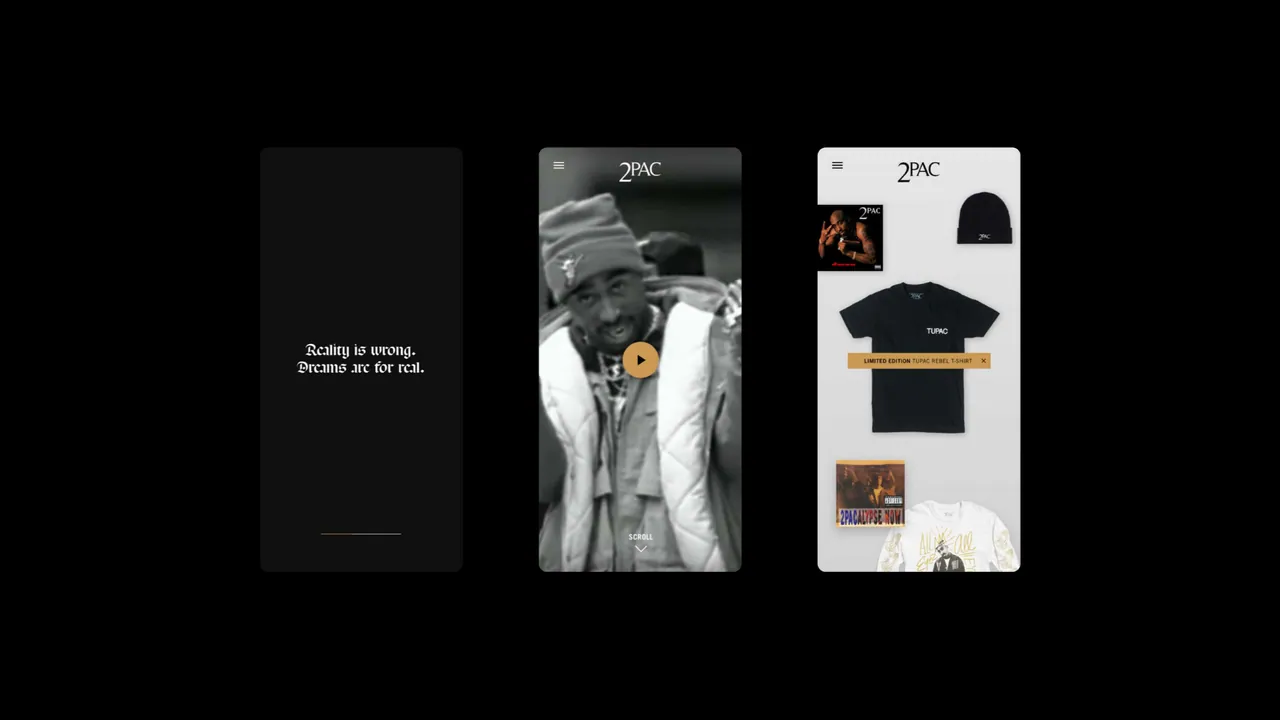 2PAC Legacy: three mobile screens with a Tupac quote, a portrait and the merchandise store.