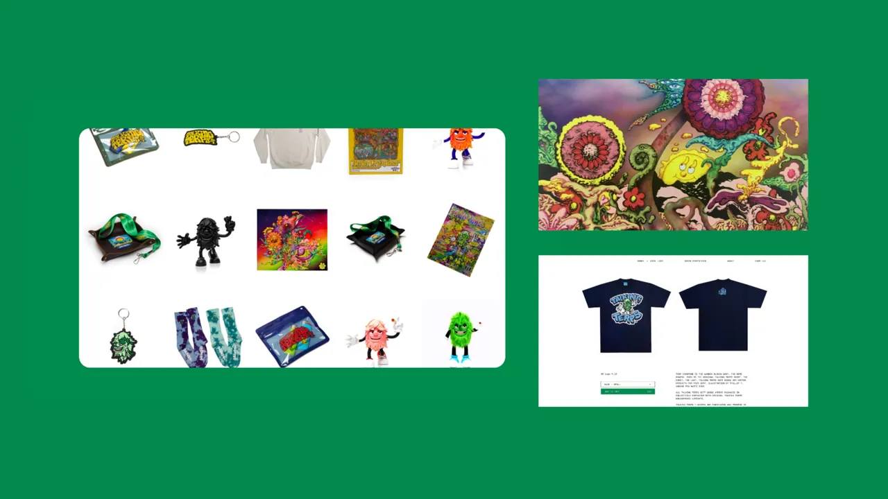 Talking Terps: e-commerce pages showing colourful merchandise, collectibles and psychedelic artwork.