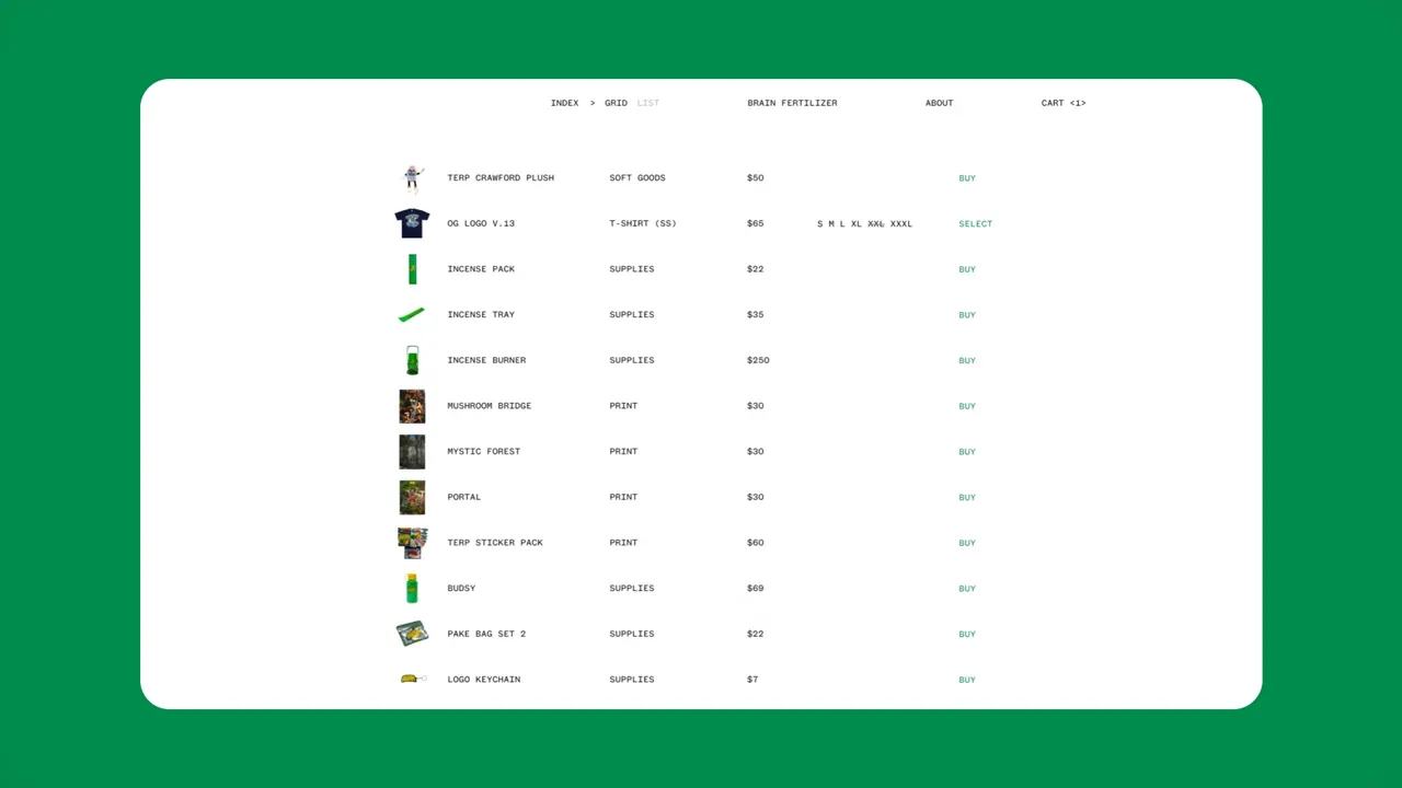 Talking Terps: product list page for the store’s catalogue on a green background.