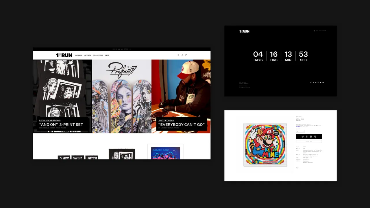 1XRUN: desktop pages for fine-art print drops, including a homepage, a countdown timer and a print detail page.