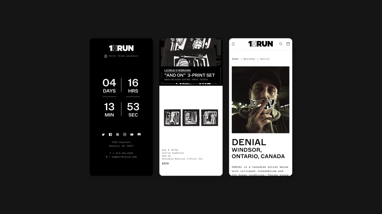 1XRUN: three mobile screens showing a drop countdown, a print set and an artist page for Denial.