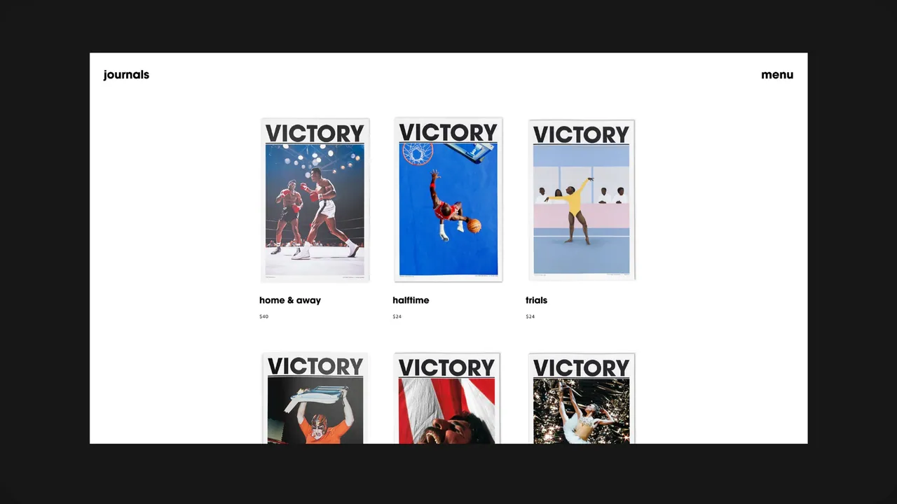 Victory Journal: journals page with a grid of magazine covers featuring sports photography.