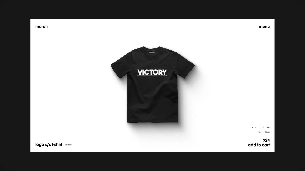 Victory Journal: merch page for a black Victory logo T-shirt, $24.