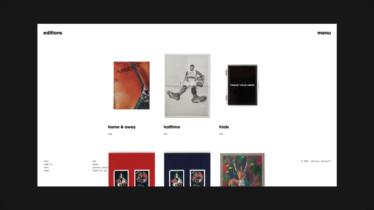 Victory Journal: editions page with fine-art prints and framed pieces.