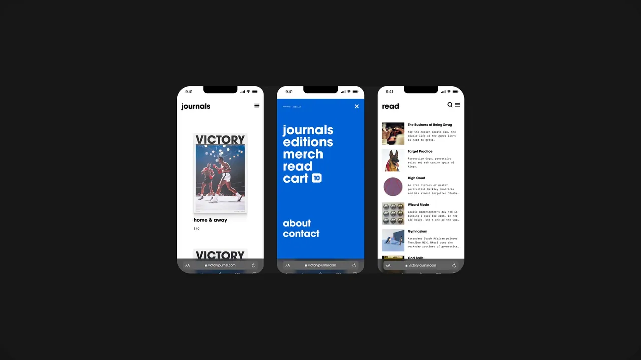 Victory Journal: three mobile screens showing journals, the blue navigation menu and reading list.