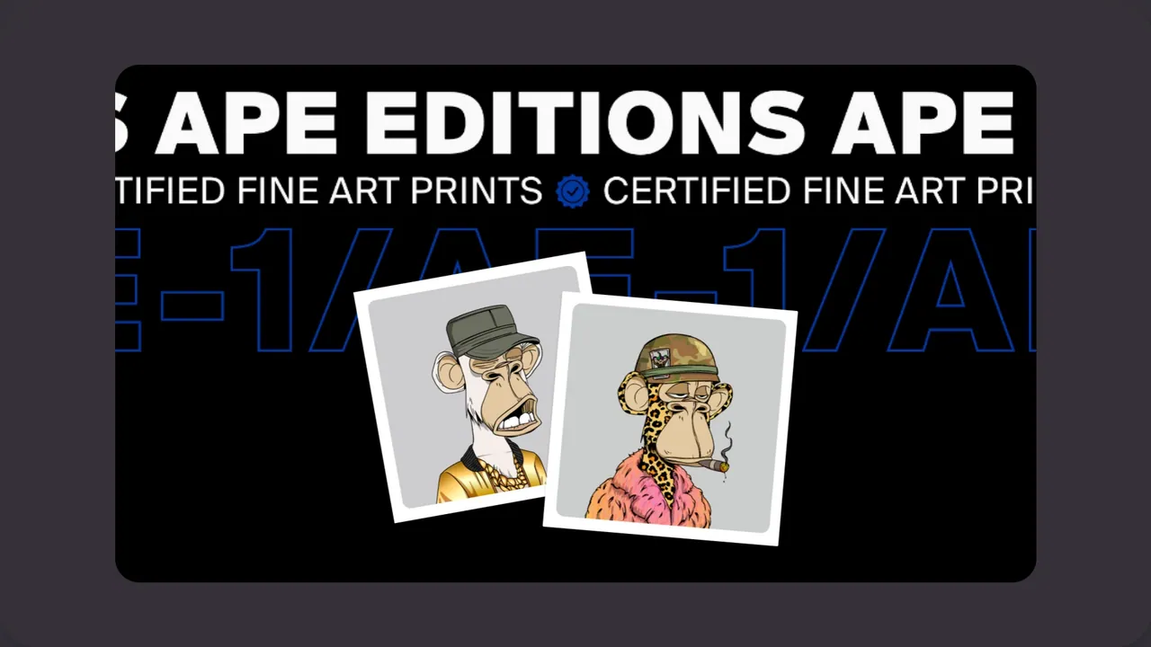 Trophy: “Ape Editions” banner for certified fine-art prints with two framed ape portraits.