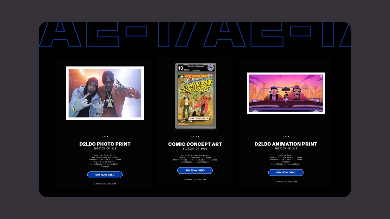Trophy: product cards for a photo print, comic concept art and an animation print, each with a buy button.