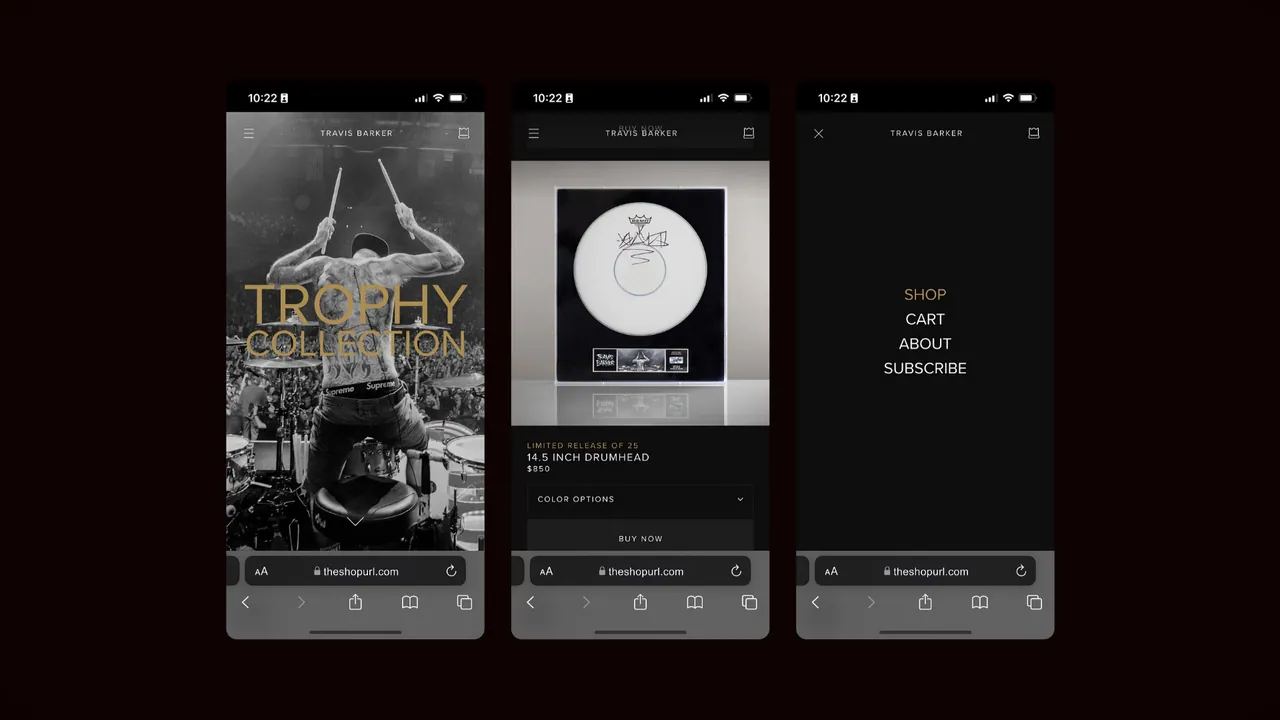 Trophy: three mobile screens showing the Trophy Collection, a product page and the shop menu.